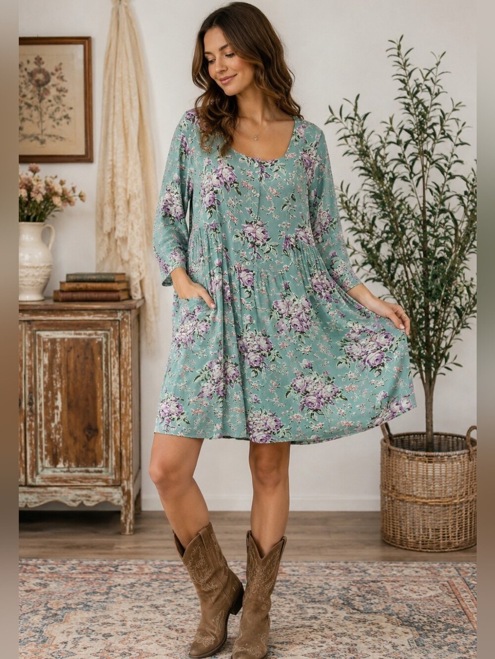 April Cornell Floral Babydoll Tunic Dress Cottagecore Prairie Rayon Sage Green